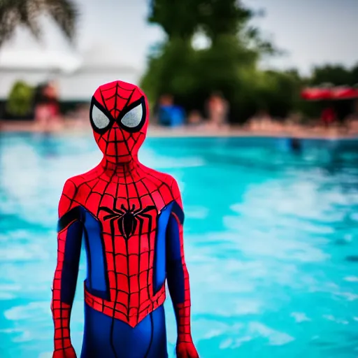 Image similar to 85mm photo of Spider-Man as a life guard at a public pool, dslr photograph