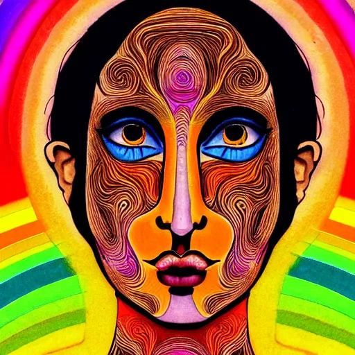 Prompt: tan latina woman, landscape, entering third dimension, eating third eye, prominent rosy cheek bones, black hair and brown eyes, psychedelic di vinci art style,