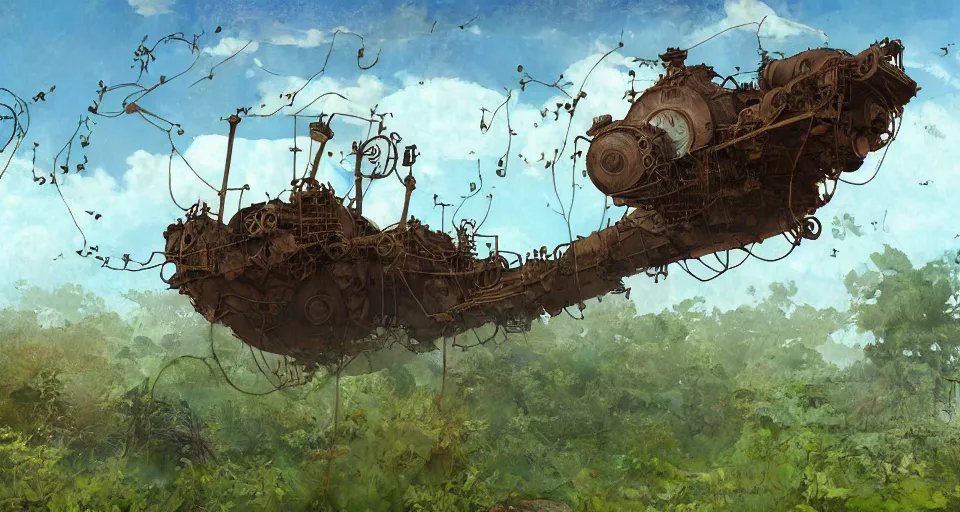 Prompt: rusty broken steampunk flying ship taken by ferns and vines, and birds, steppe, misty background, highly detailed, sharp focus, matte painting, by studio ghibli, by su jeong ahn, by giovani magana, by isaac levitan and asher brown durand,