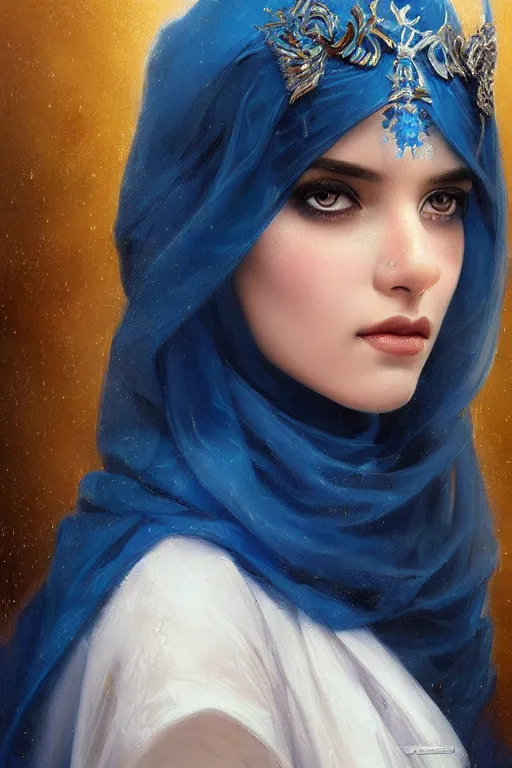 Image similar to arab Ameera al-Taweel, bright blue eyes, long wavy black hair, white veil, closeup, focus face, elegant, highly detailed, centered, oil painting, artstation, concept art by tom bagshaw