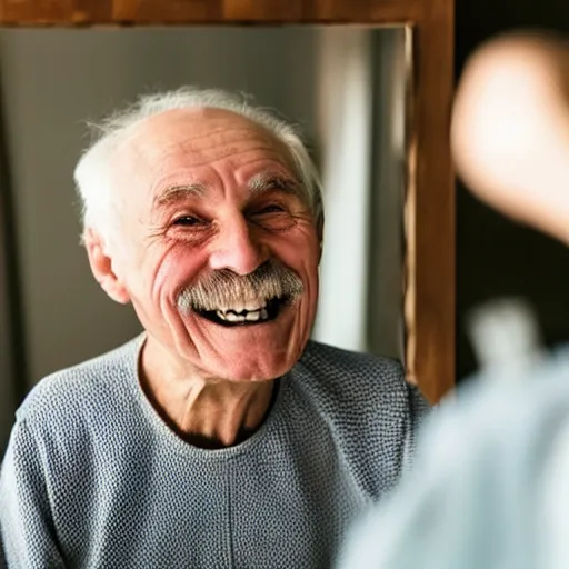 Image similar to a smiling old man seen through a mirror