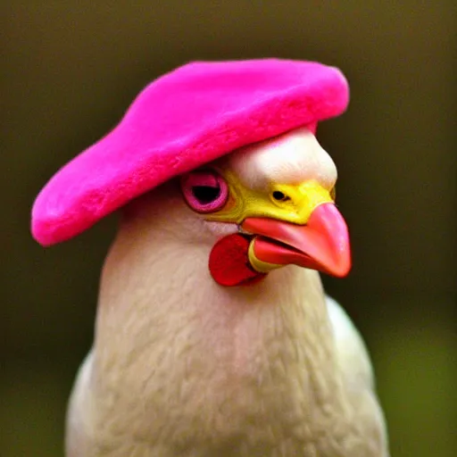 Prompt: pink chicken, with a hat