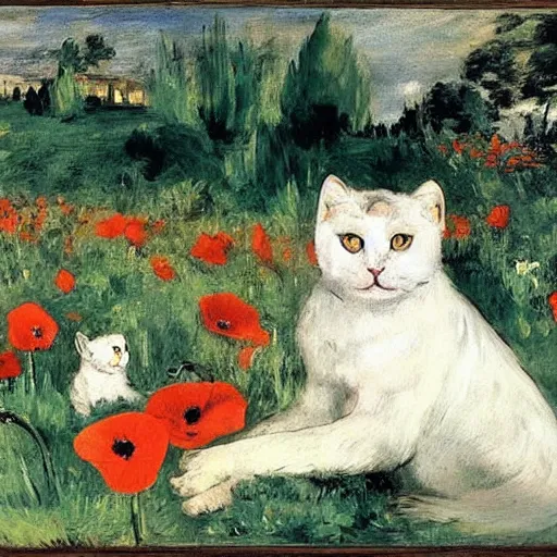 Prompt: a couple whith a white cat with yellow eyes in a field of poppy, by manet