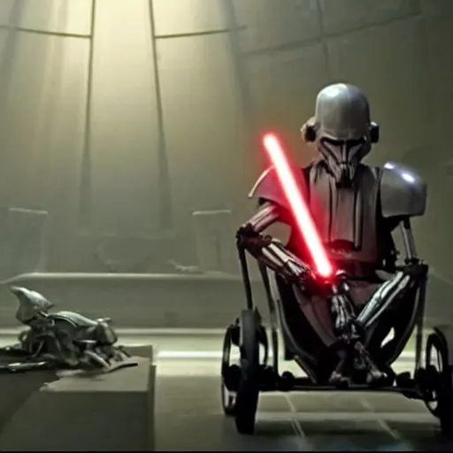 Image similar to General Grievous in a wheelchair with 4 lightsabers, photo from star wars the prequel,