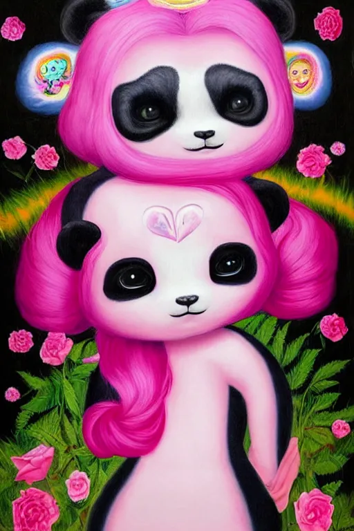 Image similar to an image of a girl with pink hair wearing a panda onesie looking across, evokes chrysalism painting by mark ryden, and lisa frank