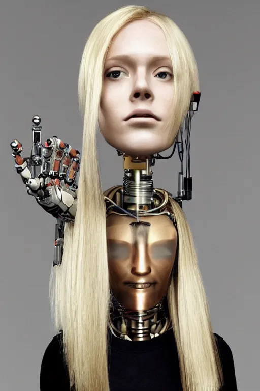 Image similar to robot with human face, female head, full body angle, woman human face, human face realistic, beautiful blonde hair, human head, human head with blonde hair, blonde hair human head, blonde hair, human realistic face, human head skin, cyborg frame concept, cyborg by ales-kotnik, sci-fi android female, the body is made of wires, robotic body, cyborg body, cyborg bust body, robot body cyborg, full body