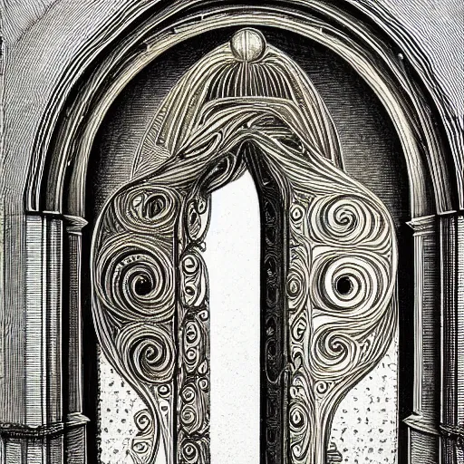Image similar to golden ratio, perfection, intricate, sublime, heavenly, doorway, detailed, pencil art, spirals, astronaut opening door that shows the universe illustrated by davinci