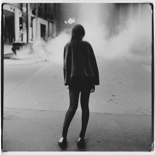 Image similar to a beautiful instant photograph of a woman smoking in the streets, polaroid, rule of thirds, light leak, raw, black clothing