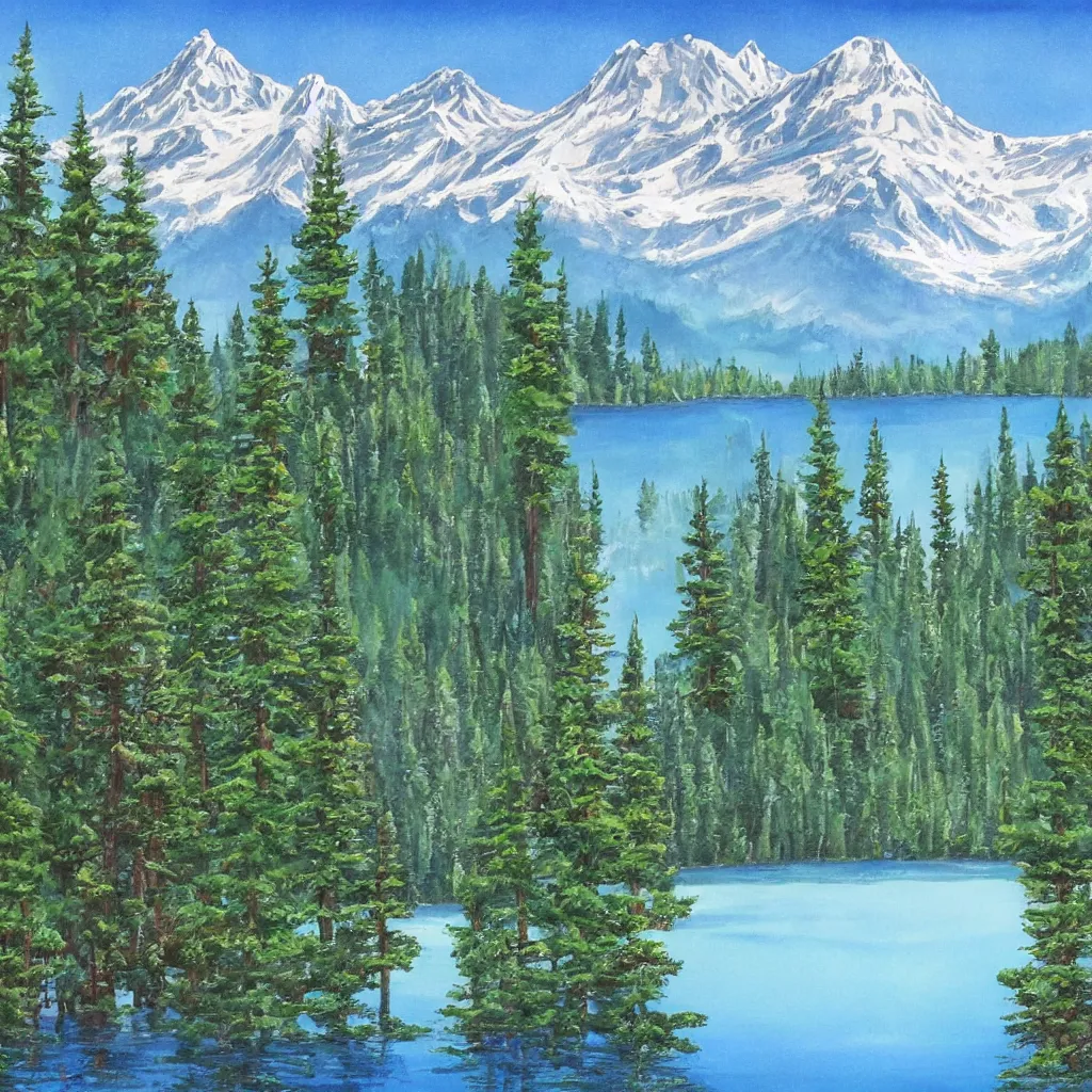 Prompt: a lake surrounded by pine trees with mountains in the background painted by Bob Ross
