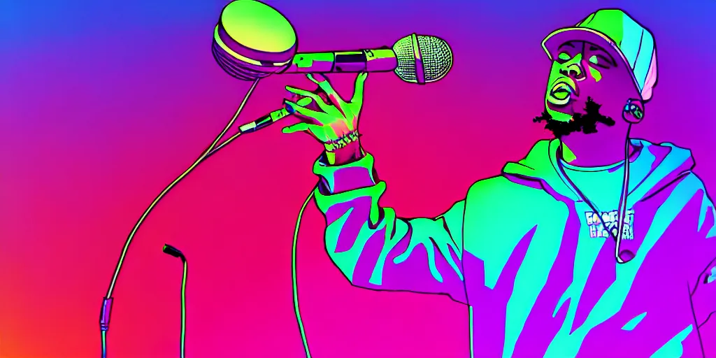 Image similar to rapper performing at huge festival holding microphone, epic angle, digital art, vaporwave, psychedelic, surreal, hip hop, trending on Artstation, professional artist, detailed, 4k