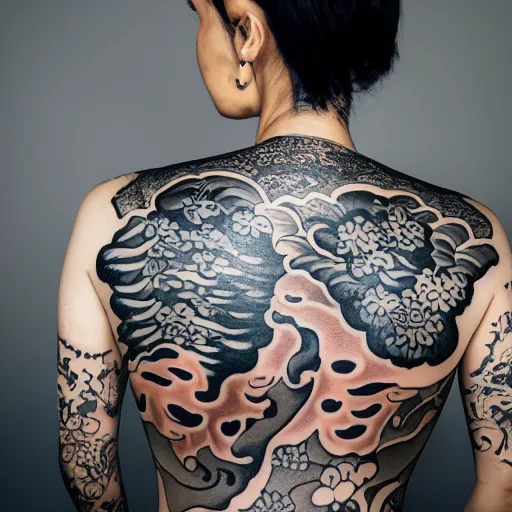 Image similar to photography of the back of a woman with an detailed irezumi tatto representing a tiger with flowers, mid-shot, editorial photography