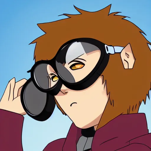 Prompt: cat person with goggles, anime style, brown fur