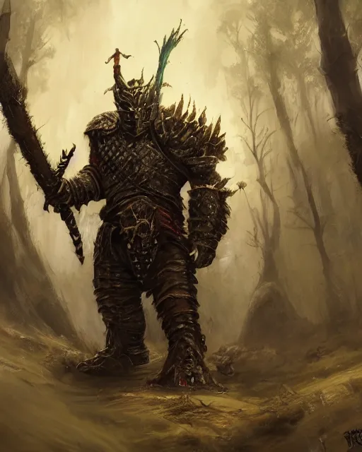 Image similar to Huge Troll warrior in armor, portrait, woodlands, magic the gathering artwork, D&D, fantasy, cinematic lighting, centered, symmetrical, highly detailed, digital painting, artstation, concept art, smooth, sharp focus, illustration, volumetric lighting, epic Composition, 8k, art by Akihiko Yoshida and Greg Rutkowski and Craig Mullins, oil painting, cgsociety