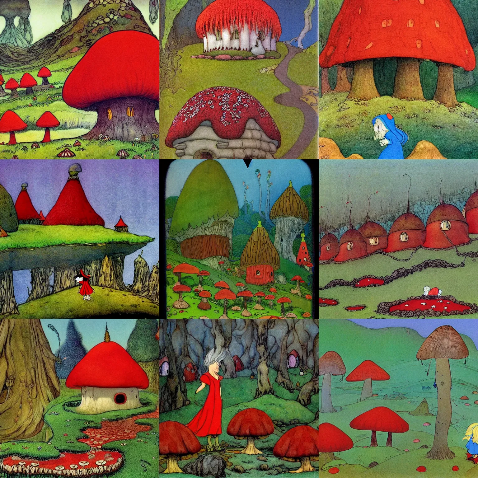 Prompt: fairytale landscape with red mushroom houses in the style of wimmelbilder and the smurfs, a troll creature walks illustrated by John Bauer