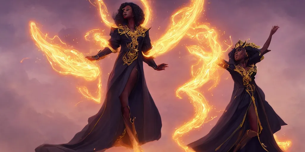 Image similar to gorgeous black woman as a spellcaster mage, singular figure, dynamic pose full body, hands casting a golden fireball spell, extremely intricate flowing robes, obsidian and golden cloak and hood, Octane render, rule of thirds, golden ratio, 8k VFX, Peter Mohrbacher