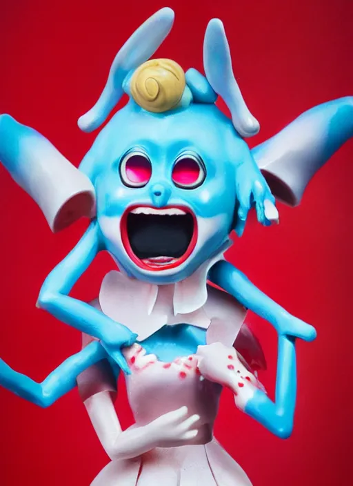 Prompt: a dramatic hyperrealistic pop surrealist oil panting of an enraged grotesque kawaii vocaloid figurine caricature screaming red in the face lunging with popping veins featured on gremlins by aardman animation made of warp spasm