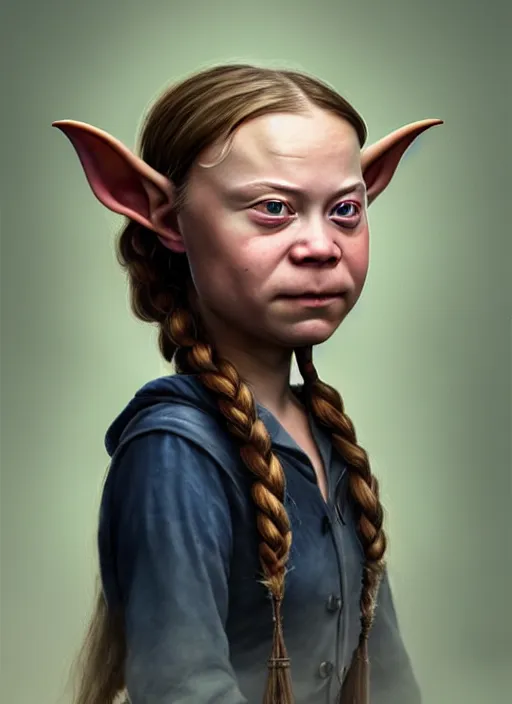 Image similar to portrait of greta thunberg as a medieval goblin eating cakes, beautiful face, hyper realistic, highly detailed, digital painting, artstation, illustration, concept art by hyung tae and frank frazetta, digital paint, matte paint, washed colors, dark, gloomy