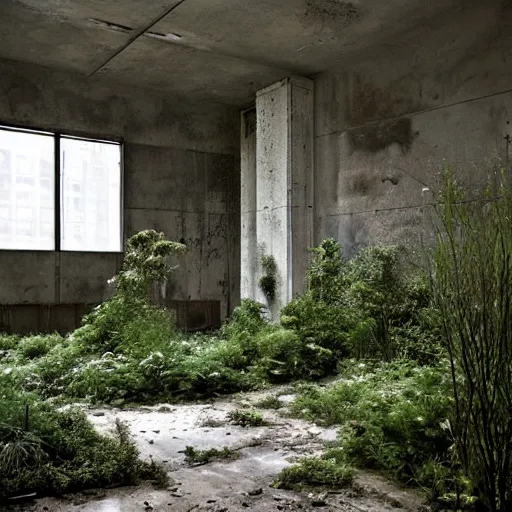 Image similar to an abandoned room in a concrete building, modern design, art deco, few overgrown plants, dreamy, overcast, by hans bellmer