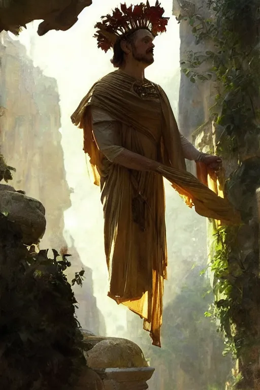 Image similar to ancient roman steve buscemi ascending wearing the civic crown, art by anders zorn, wonderful masterpiece by greg rutkowski, beautiful cinematic light, american romanticism by greg manchess, jessica rossier