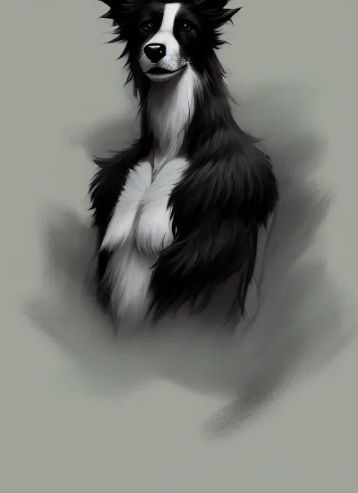 Image similar to wide angle beautiful full body portrait of a cute male anthropomorphic anthro border collie fursona wearing a tank top, character design by charlie bowater, henry asencio, and ross tran, furry art, furaffinity, beautiful, glamor pose, detailed, aesthetic, trending on artstation