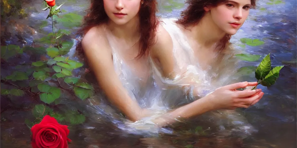 Image similar to portrait of bird holding a rose in a river. by Daniel F. Gerhartz, hyperrealistic oil painting, 4k, studio lightning, very detailed faces