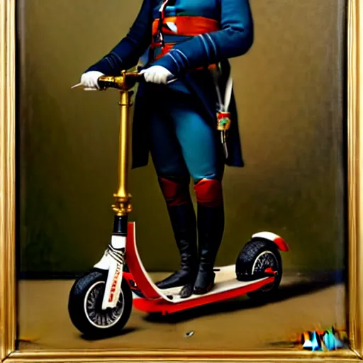 Image similar to Napoleon Bonaparte and his new electric scooter by Jeremy Lipkin and Giuseppe Dangelico Pino, oil on canvas, epic pose, cinematic, poster, 8k