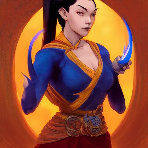 Image similar to Portrait of Fire Lord Azula, her left hand wreathed in blue flame, Avatar The Last Airbender, intricate, elegant, highly detailed, digital painting, artstation, concept art, smooth, sharp focus, illustration, art by artgerm and greg rutkowski and alphonse mucha and andrei riabovitchev