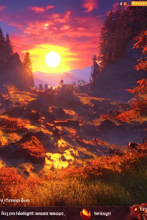 Image similar to fiery autumn twilight with the sun very close to the edge of the mountain, open - world aaa game, isekai fantasy light novel, screenshot