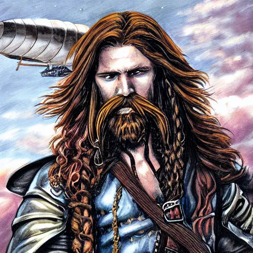 Image similar to an epic fantasy comic book style portrait painting of a long haired, red headed male sky - pirate in front of an airship in the style of ed binkley