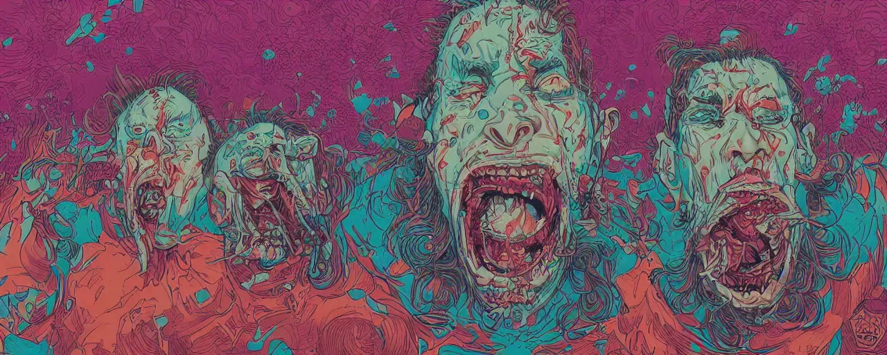 Image similar to portrait of a mad man screaming eating another head, by josan gonzales and Dan Mumford, santacruz art style