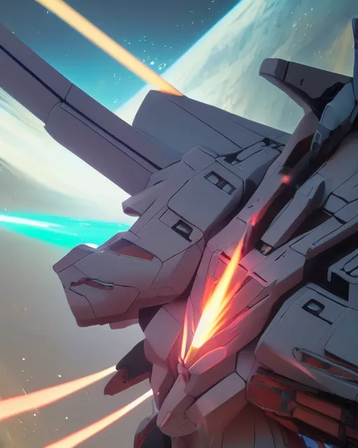 Image similar to highly detailed vfx portrait of a gundam with wings of feathers beam saber fighting in space with a beam gun, unreal engine, greg rutkowski, loish, rhads, beeple, makoto shinkai and lois van baarle, ilya kuvshinov, rossdraws, tom bagshaw, alphonse mucha, global illumination, detailed and intricate environment