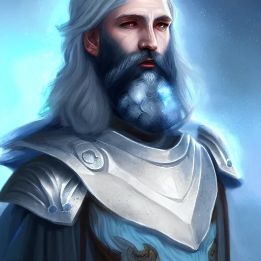 Image similar to Portrait of an Aasimar Paladin-Druid with glowing blue eyes, pale grey skin, silver full beard, and silver hair. He has a sword and wears moss covered full plate armor. Epic fantasy art, sharp, award winning on Artstation, 4k HD.