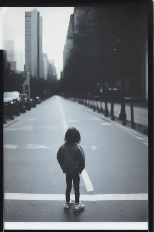 Image similar to photo polaroid of sad and lonely child in the middle of an empty street in a big city, photorealistic, 35mm film, black and white, polaroid,