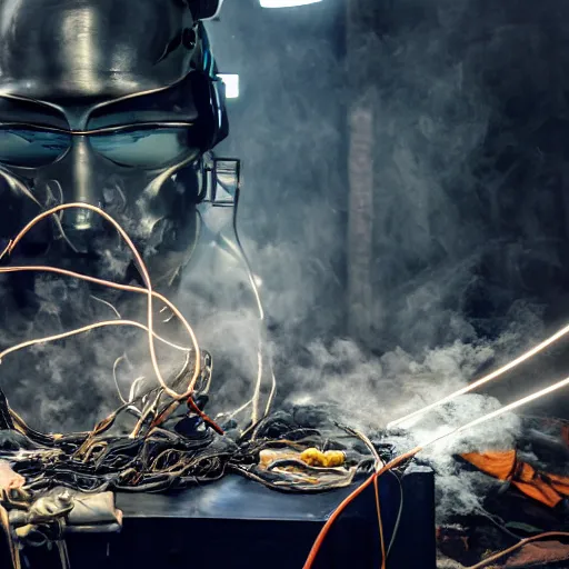 Image similar to overcharging blender, tangles of metallic cables, dark messy smoke - filled cluttered workshop, dark, dramatic lighting, orange tint, sparks, plasma charges, cinematic, highly detailed, sci - fi, futuristic, movie still