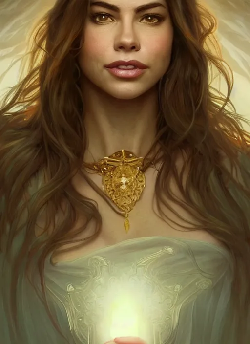 Image similar to Portrait of Sofia Vergara, white glowing eyes, fantasy, extremely detailed, digital painting, artstation, concept art, smooth, sharp focus, illustration, stunning lighting, art by artgerm and greg rutkowski and alphonse mucha and simon stalenhag, realistic character concept, high fantasy, light atmosphere, golden ratio, cinematic lighting, hyperdetailed, high resolution, insanely detailed and intricate, artstation, Marc Simonetti, Greg Rutkowski, 8k