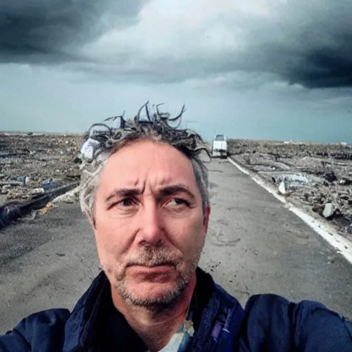 Image similar to final selfie taken by the sad exhausted last person remaining on earth in front of dramatic disasters in the style of roland emmerich during the terrifying apocalypse.