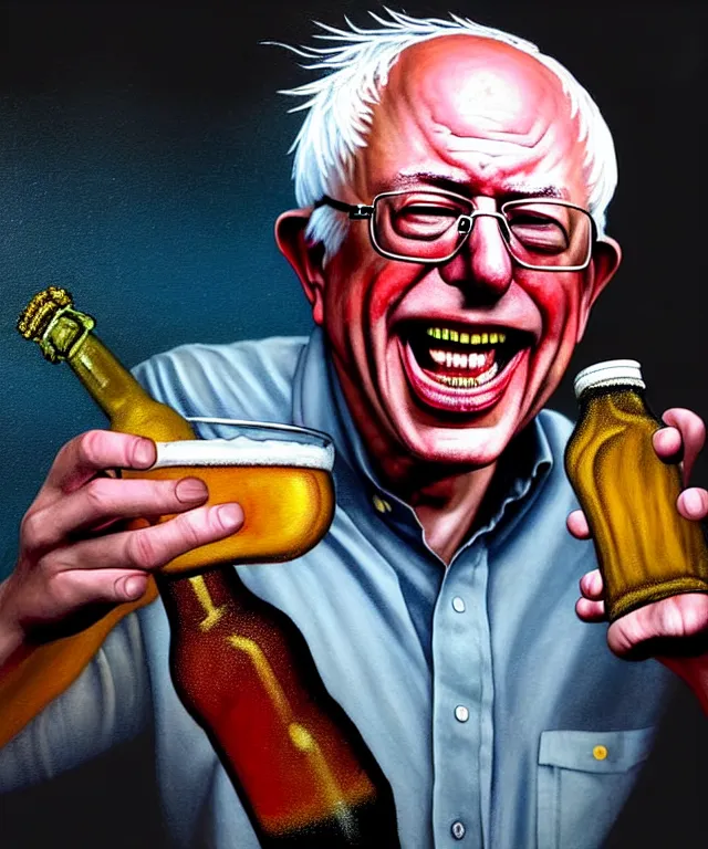 Image similar to hyperrealistic mixed media painting of Bernie Sanders as a laughing drunk, tattered plaid shirt, dimly lit dive bar, scattered empty beer bottles, stunning 3d render inspired art by P. Craig Russell and Barry Windsor-Smith + perfect facial symmetry + dim volumetric lighting, 8k octane beautifully detailed render, post-processing, extremely hyperdetailed, intricate, epic composition, grim yet sparkling atmosphere, cinematic lighting + masterpiece, trending on artstation, very very detailed, masterpiece, stunning