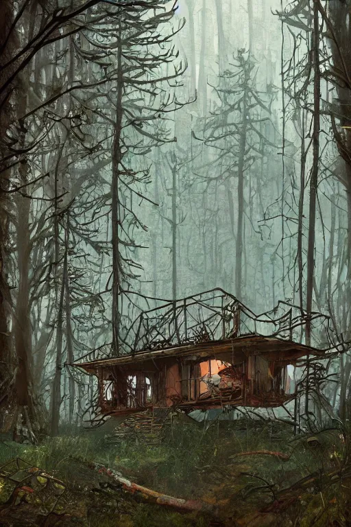 Prompt: an abandoned and overgrown ramshackle multistory hut in the woods, intricate, elegant, fantasy, highly detailed, digital painting, concept art, sharp focus, illustration, artstation, art by Simon Stålenhag