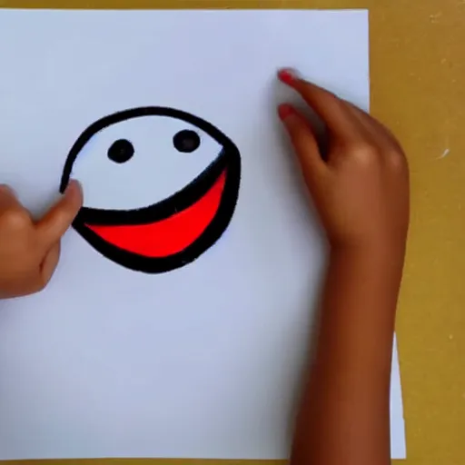 Image similar to child drawing of red eyed emoji face smiling with thumb up