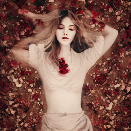 Prompt: full body fine art photo of the most beautiful woman, she is covered with dried roses, taken by oleg oprisco