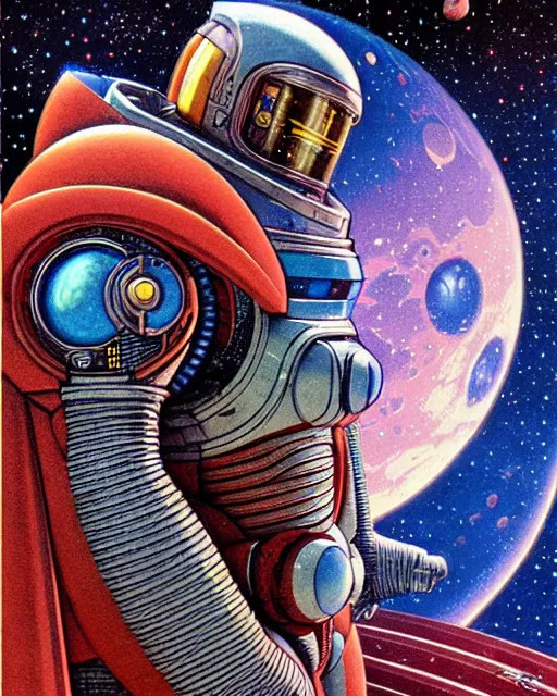 Prompt: tekkaman space knight, character portrait, portrait, close up, concept art, intricate details, highly detailed, vintage sci - fi poster, in the style of chris foss, rodger dean, moebius, michael whelan, and gustave dore