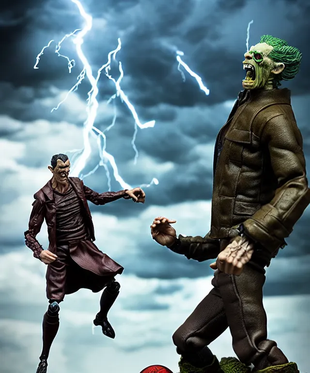 Image similar to hyperrealistic rendering, epic boss battle, frankenstein, by art of skinner and richard corben, product photography, collectible action figure, sofubi, hottoys, storm clouds, outside, lightning
