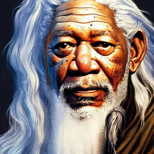 Prompt: morgan freeman starring as gandalf in lord of the rings, high detail shot, smoking, render, cgsociety, photorealism