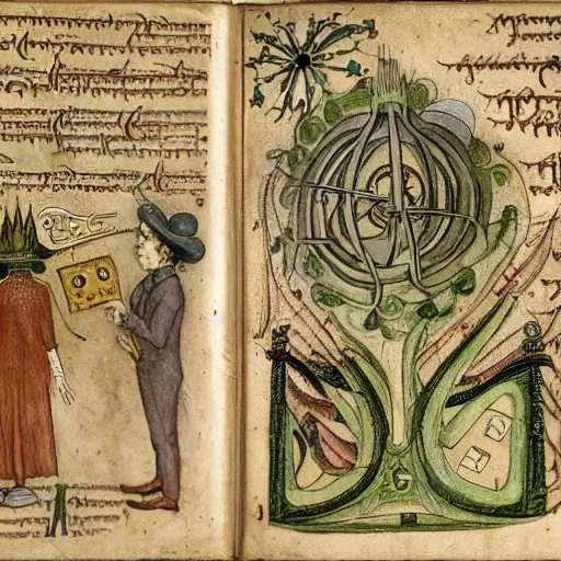 Prompt: illustrations from the newly discovered 2nd volume of the Voynich manuscript showing mysterious hi-tech devices