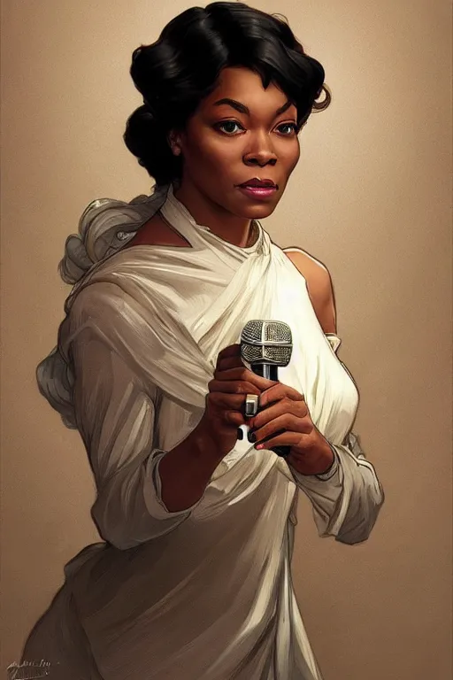 Image similar to beautiful cottagecore audreh winfrey holding a microphone. intricate, elegant. highly detailed, digital painting, artstation, concept art, smooth, sharp, focus, illustration. . art by artgerm and greg rutkowski and alphonse mucha