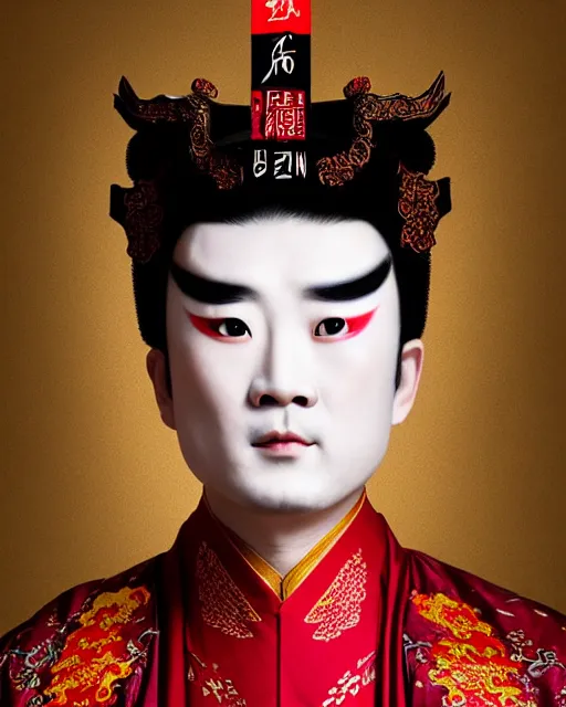 Image similar to photo of a Dramatic Peking Opera male character with arabic text calligraphy words painted on face in the style of stefan kostic, realistic, sharp focus, symmetric, 8k high definition, insanely detailed, intricate, elegant, art by stanley lau and artgerm, William-Adolphe Bouguereau