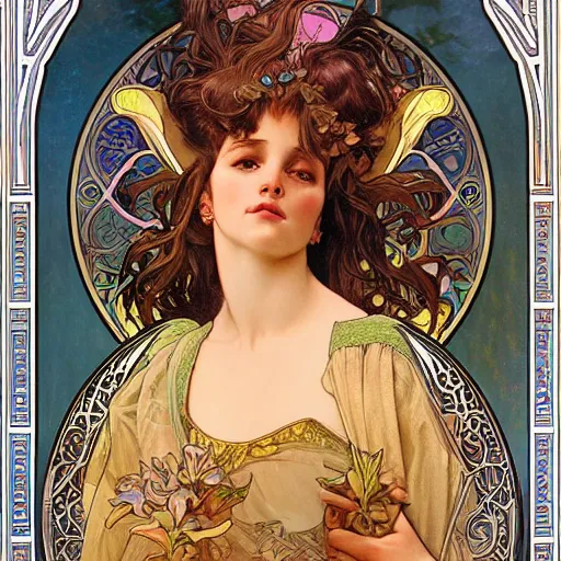 Prompt: realistic detailed face portrait of a beautiful young Phoenix Goddess by Alphonse Mucha, Greg Hildebrandt, and Mark Brooks, gilded details, spirals, Neo-Gothic, gothic, Art Nouveau, ornate medieval religious icon