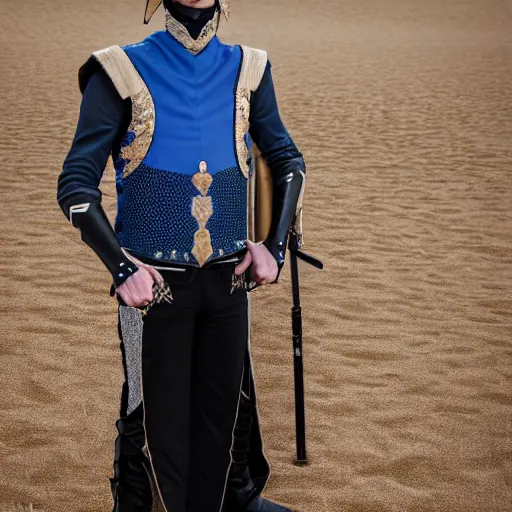 Image similar to low angle upper view of adult Austin Butler dressed in futuristic-baroque prussian blue duelist-garb with Griffin-Ram embroidery emblem, and nanocarbon-vest and greaves, standing in an arena in Dune 2020, XF IQ4, f/1.4, ISO 200, 1/160s, 8K, RAW, unedited, symmetrical balance, face in-frame