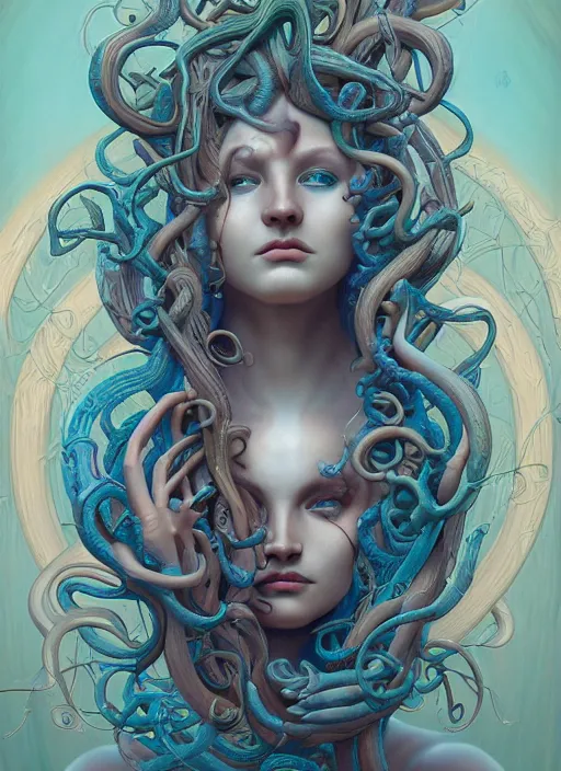 Image similar to medusa, wooden art nouveau swirls, strong subsurface scattering, in the style of james jean and tomasz alen kopera, mystical colors, rim light, soft lighting, 8 k, stunning scene, raytracing, octane render, trending on artstation