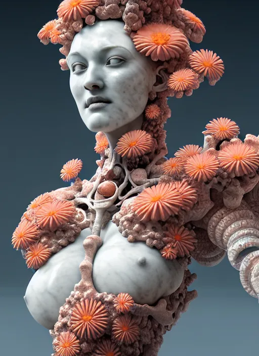 Image similar to portrait of an absurdly beautiful marble statue made of biomechanical corals, daisies, well contoured smooth fair walls, carrying a bottle of perfume, up close shot, sharp focus, global illumination, radiant light, alexandre ferra white mecha, irakli nadar, octane highly render, 4 k, ultra hd,